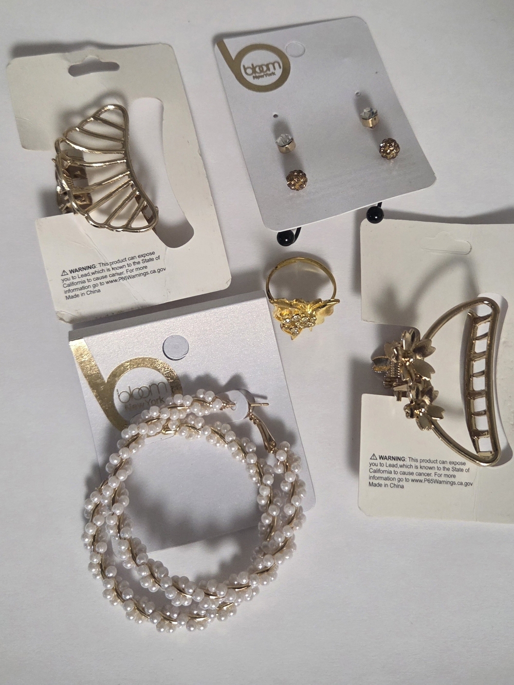 Gold Tone Earrings, 2 Hair Clips Plus A Ring Set